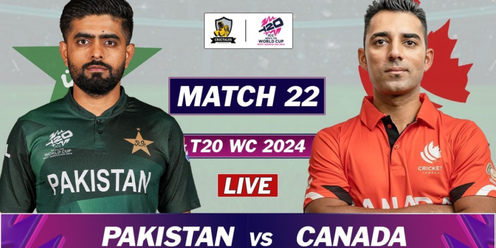 Pakistan vs Canada, Match 22, T20 World Cup 2024, featuring players in respective team jerseys.