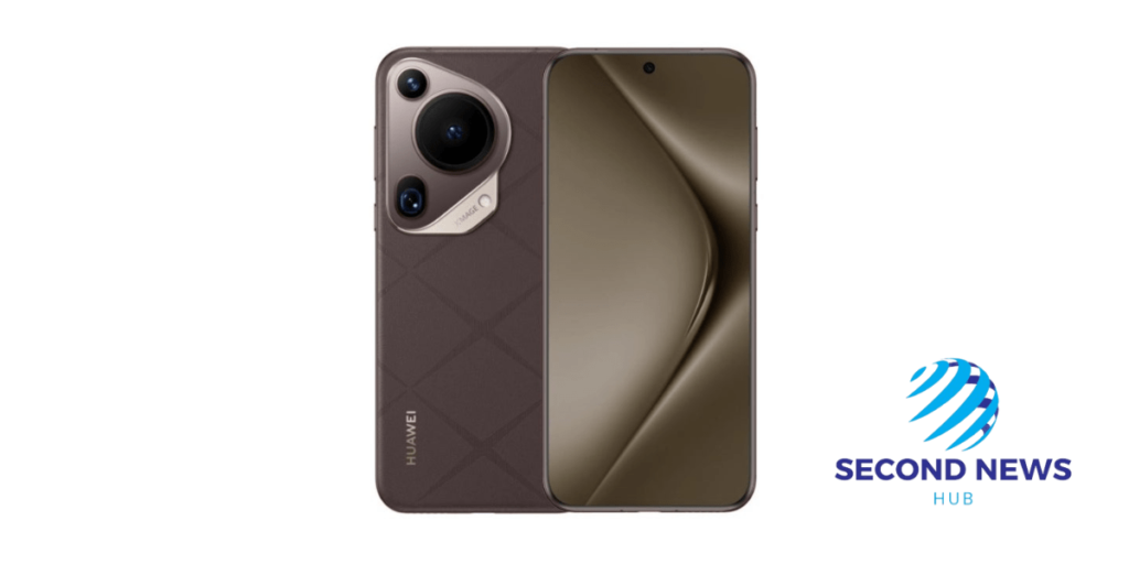 Brown HUAWEI smartphone with a geometric patterned back and circular camera module with three lenses, next to its screen displaying a brown abstract wallpaper, with Second News Hub logo in the bottom right corner.