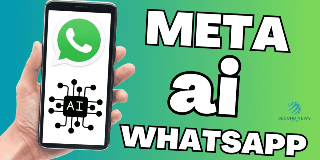 Hand holding a smartphone displaying the whatsapp logo, with overlay text reading "meta ai on whatsapp" and a graphic of a microchip.