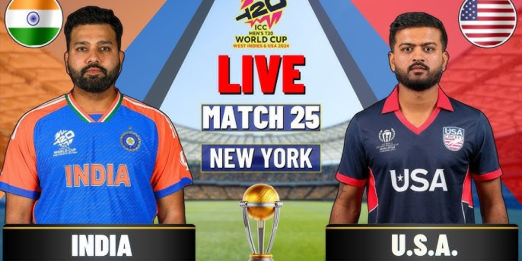 Image promoting ICC T20 Men's World Cup Match 25 between India and the USA, set in New York. It features two cricket players standing on either side of the text, with stadium and flags in the background.