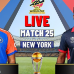 Image promoting ICC T20 Men's World Cup Match 25 between India and the USA, set in New York. It features two cricket players standing on either side of the text, with stadium and flags in the background.